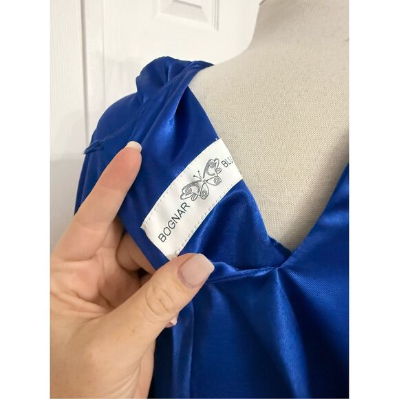 Bognar Blu Womens Blue Solid Satin Ruffle Long Sleeve A-Line Dress Size Large - Picture 5 of 6